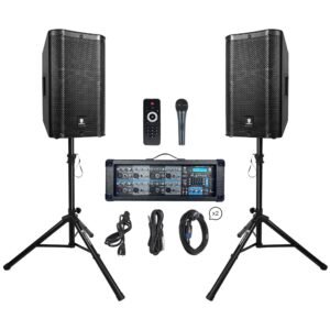 PRORECK Delta 128 2400W Bluetooth PA Speaker System with 8-Channel Powered Mixer, 2 12-Inch Passive Speakers, Stands, Reverb Effects, 15V Phantom Power. Perfect for DJs, Bands, Karaoke, Live Events 12"+8 channel mixer