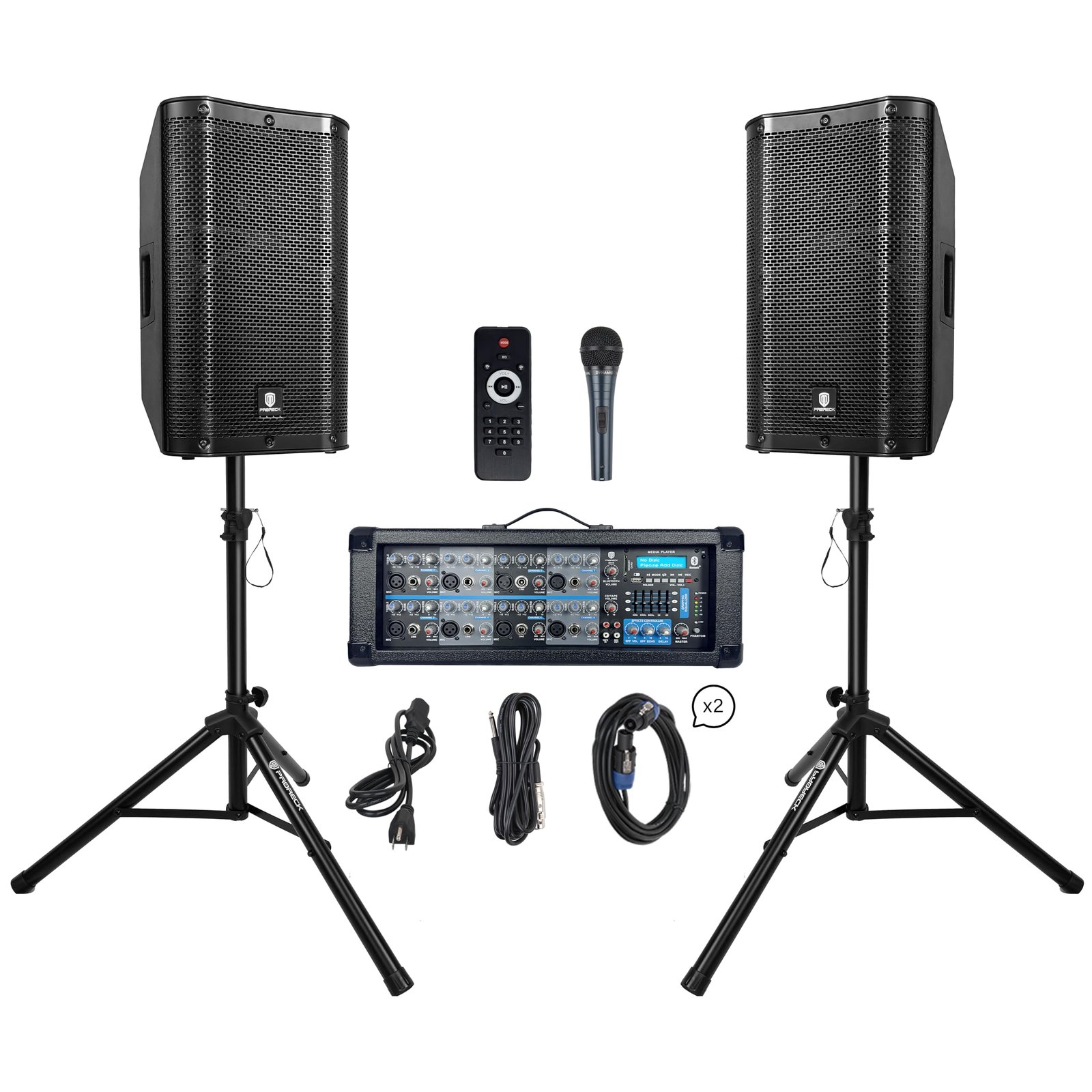 PRORECK Delta 128 2400W Bluetooth PA Speaker System with 8-Channel Powered Mixer, 2 12-Inch Passive Speakers, Stands, Reverb Effects, 15V Phantom Power. Perfect for DJs, Bands, Karaoke, Live Events 12