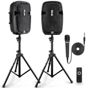 Pyle Active + Passive PA Systems - Dual 8inch 700 Watt Max Power Output Speaker with Microphone, Bluetooth Wireless Streaming, MP3/USB/SD/AUX Readers, Speaker Stands- Pyle PPHP849KT 8 in